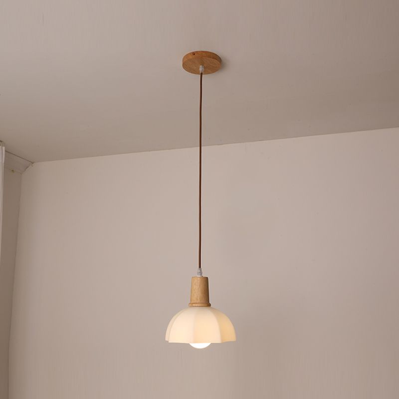 Bowl Shade Dining Room Pendent lampe blanc Verre nordique Style suspendu luminaire en bois