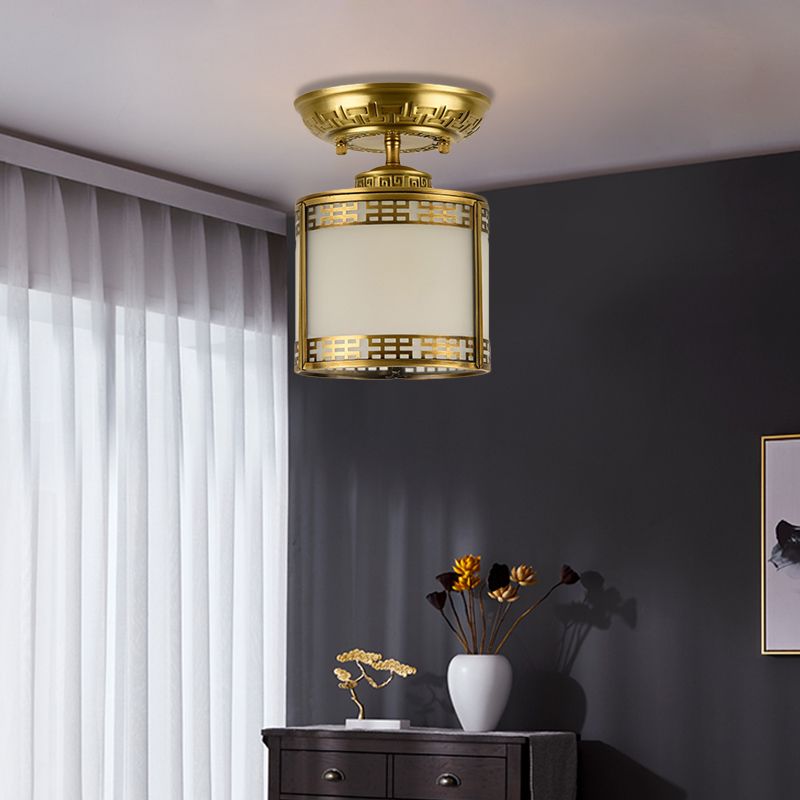 1 Light Semi Flush Mount Classic Cylinder Metal Ceiling Fixture in Brass for Corridor