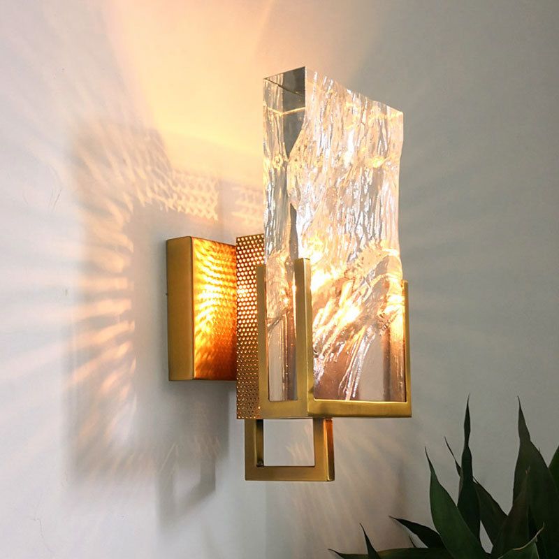 Vintage Rectangle Wall Lamp Single Light Clear Crystal Glass LED Wall Sconce Lighting in Gold