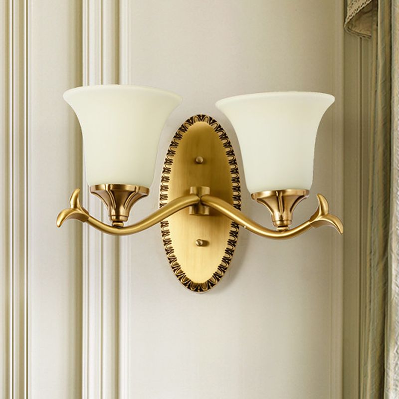 Countryside Bell Wall Lighting 1/2-Light Cream Glass Wall Mounted Lamp with Oval Backplate in Brass