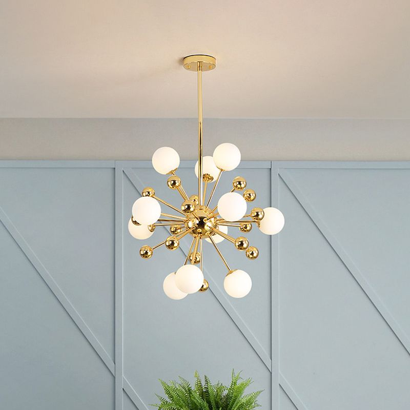 Modern Stylish Burst Ball Chandelier Frosted White Glass 11/12/18-Light Living Room Ceiling Hang Lamp in Gold
