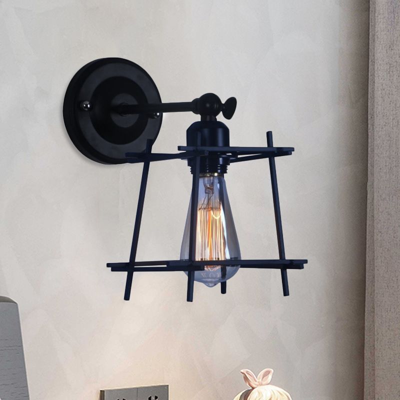 1 Kopfwandlicht Retro -Stil Kubikschatten Metall Wandleuchte mit Drahtschutz in Schwarz für Schlafzimmer