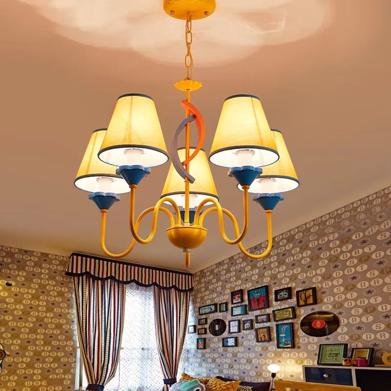 Nursing Room Tapered Shade Chandelier Fabric Metal 5 Heads Modern Bright-Colored Pendant Light