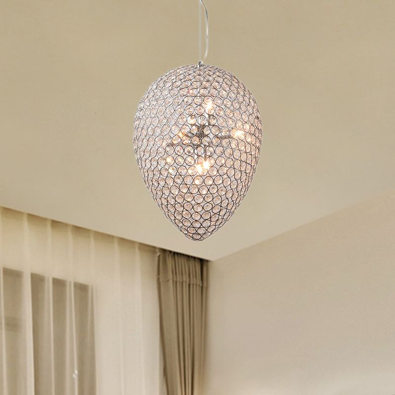 Chrome Finish Beaded Pendant Lighting with Teardrop Shade Modern Clear Crystal Multi Light Chandelier Lamp