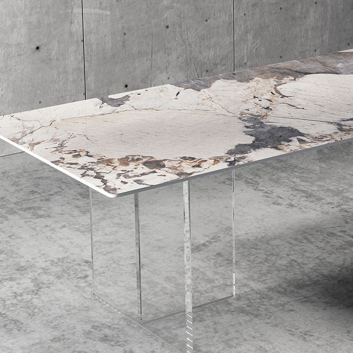 Simplicity Rectangle Dining Table Sintered Stone Top Transparency Acrylic Base Table