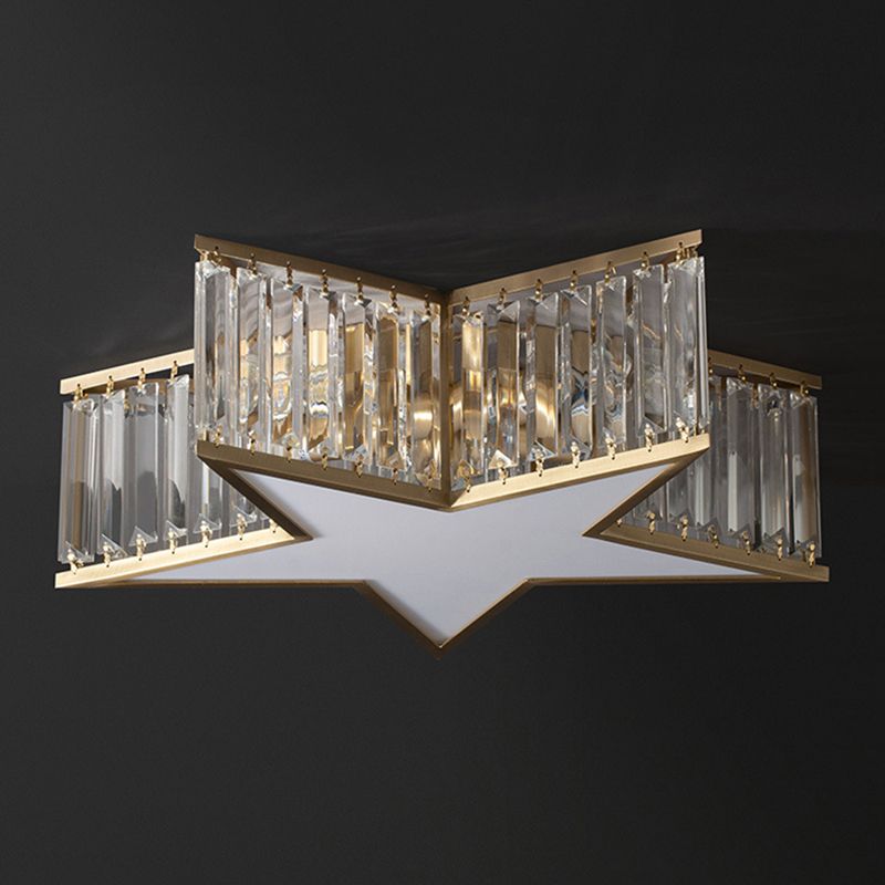 Plafonnier Gold Star de style classique colonial en cuivre à 5 lumières avec abat-jour en cristal