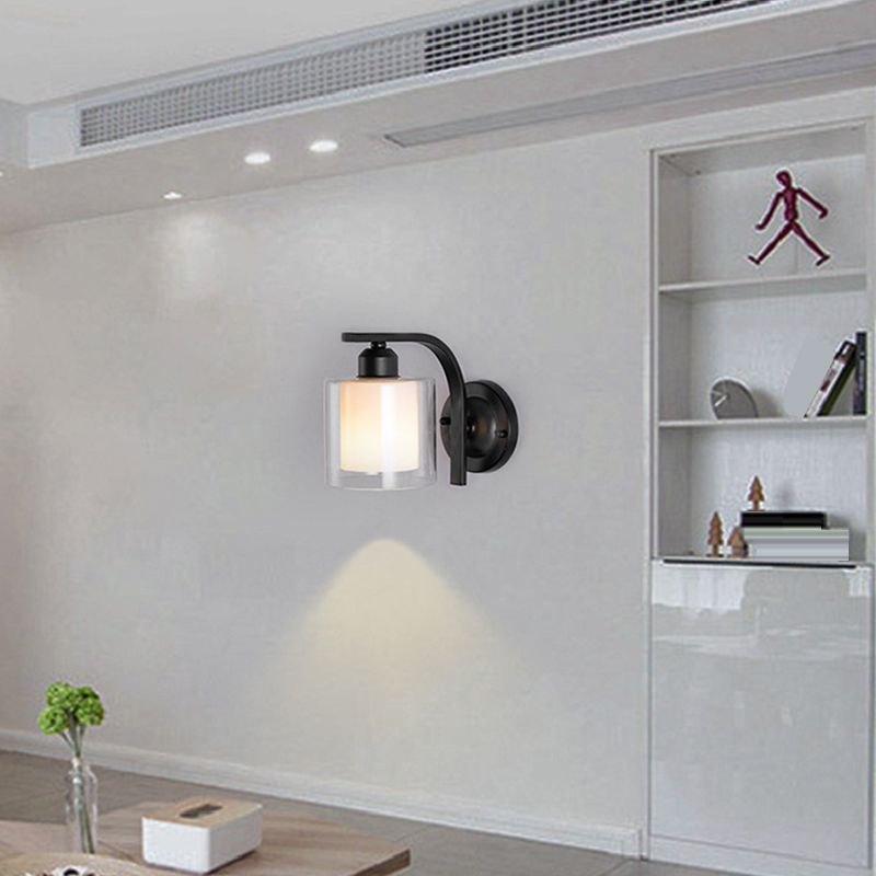 Modern Style Cylinder Shape Wall Light Glass 1 Light Sconces in Black for Bedroom