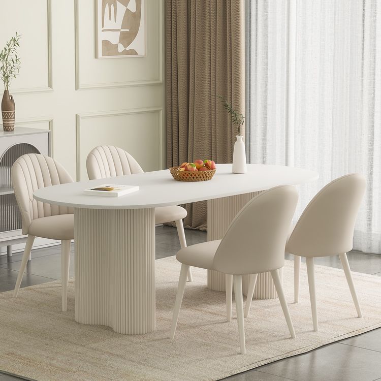 White Contemporary Oval Stone Dining Table with Double Pedestal