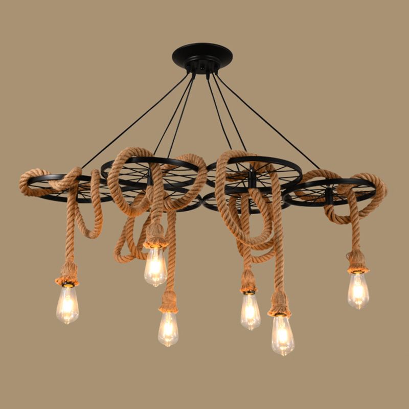 Metal Wheel Hanging Light Fixture Factory Dining Room Chandelier Lighting with Open Bulb Design in Black