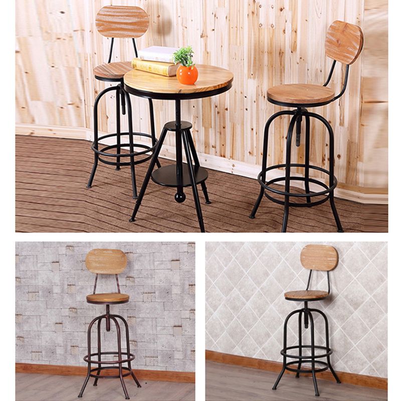 Solid Wood Dining Stool Industrial Adjustable Height Bar Stool with Footrest