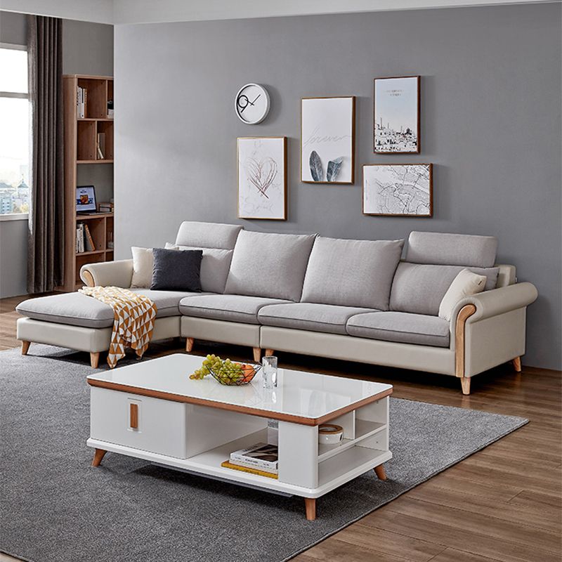 Flared Arm Pillow Back Fabric Sectionals Scandinavian Slipcovered Sofa with Chaise