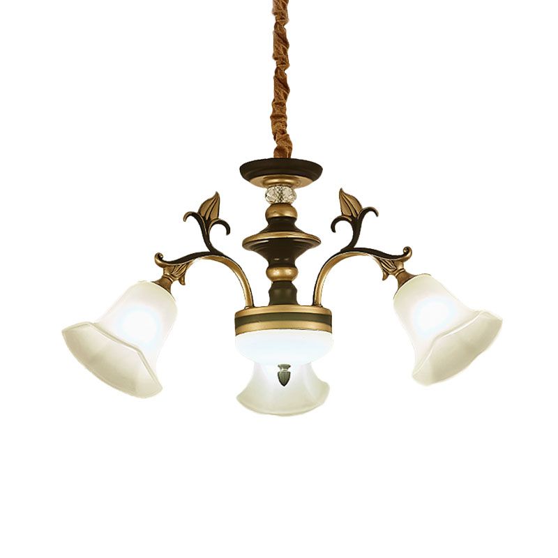 Black-Gold Flower-Like Suspension Lighting Traditional Milky Glass 3/6/8 Heads Dining Room Down Hanging Chandelier