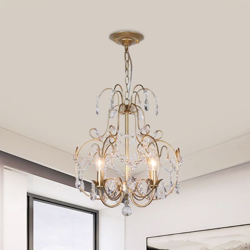 Clear Crystal Beads Gold Chandelier Lantern 3 Bulbs Contemporary Suspended Lighting Fixture