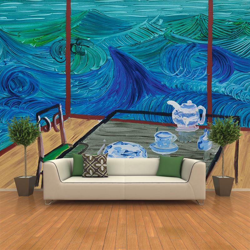 Chinese Tearoom Wallpaper Mural Blue-Brown Artistry Wall Decoration for Living Room