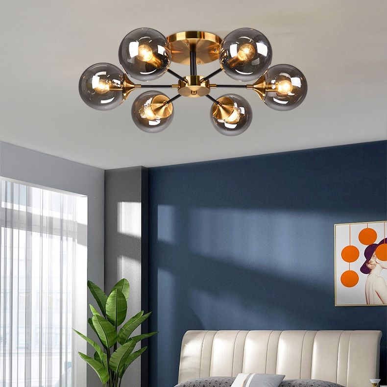 Moderne artistieke globe-plafondlamp, gelakt ijzer, semi-inbouw met glazen kap