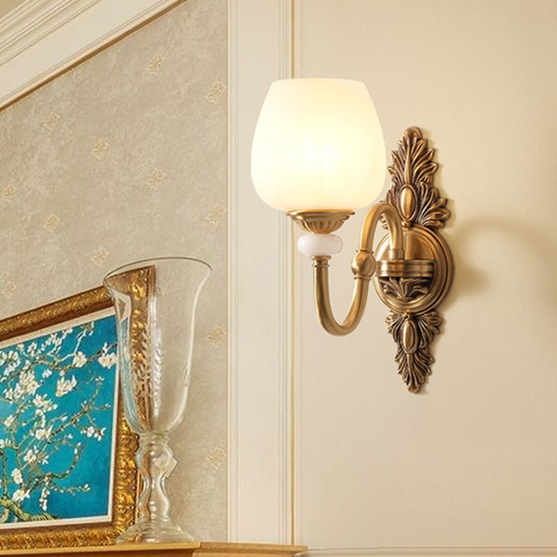Metal Brass Wall Sconce Fixture Gooseneck 1/2-Light Vintage Stylish Wall Lamp with White Glass Bowl Shade