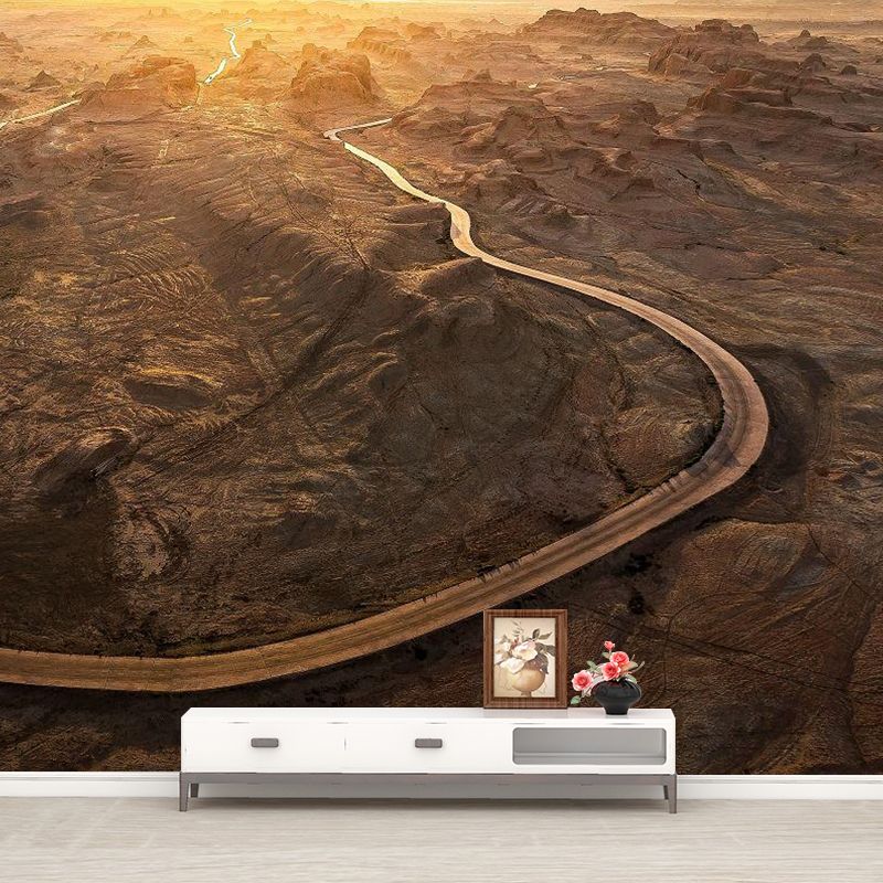 Contemporary Wilds Curved Road Mural Brown Sunset Landscape Wall Decor for Bedroom