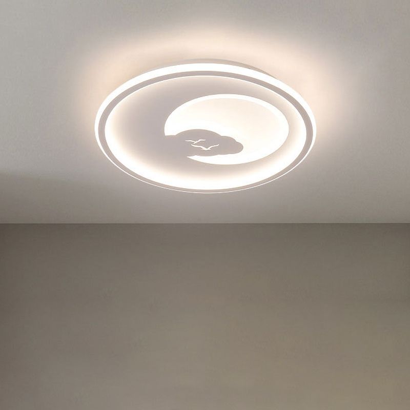 Pink/White Circle LED Ceiling Fixture Modern 16"/19.5" Dia LED Acrylic Flush Mount Light with Moon and Bird Pattern, Warm/White Light