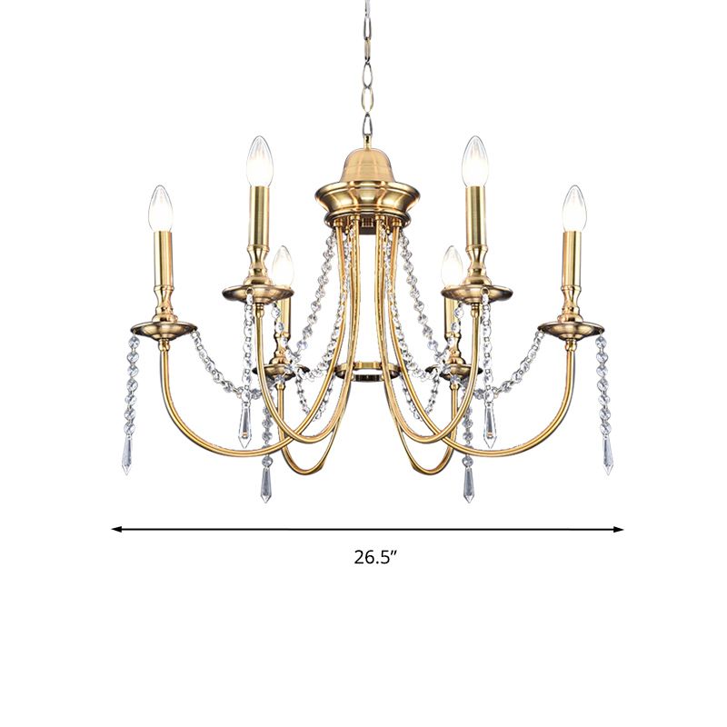 6 Heads Crystal Strand Hanging Light Postmodern Gold Candle Bedroom Chandelier Lamp