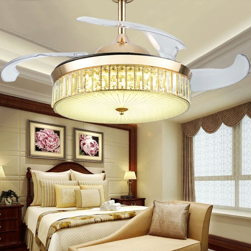 4 Blades Gold Drum Semi Flush Mount Contemporary Crystal Prisma LED Deckenlüftungslampe, 19 "breit