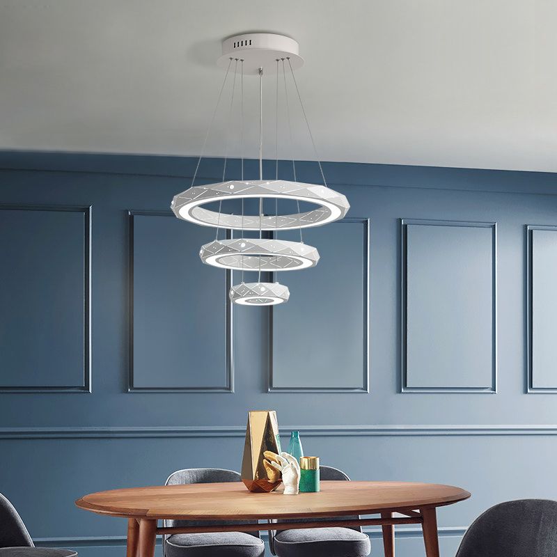 1/2/3-Light Dining Room Pendant Light with Ring Acrylic Shade White Ceiling Chandelier in Warm/White Light