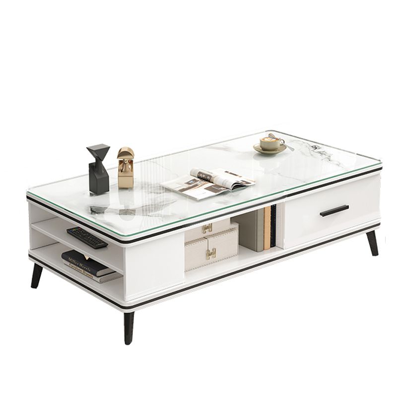 Single Coffee Table 4 Legs Rectangle Cocktail Table with Shelf and Drawer