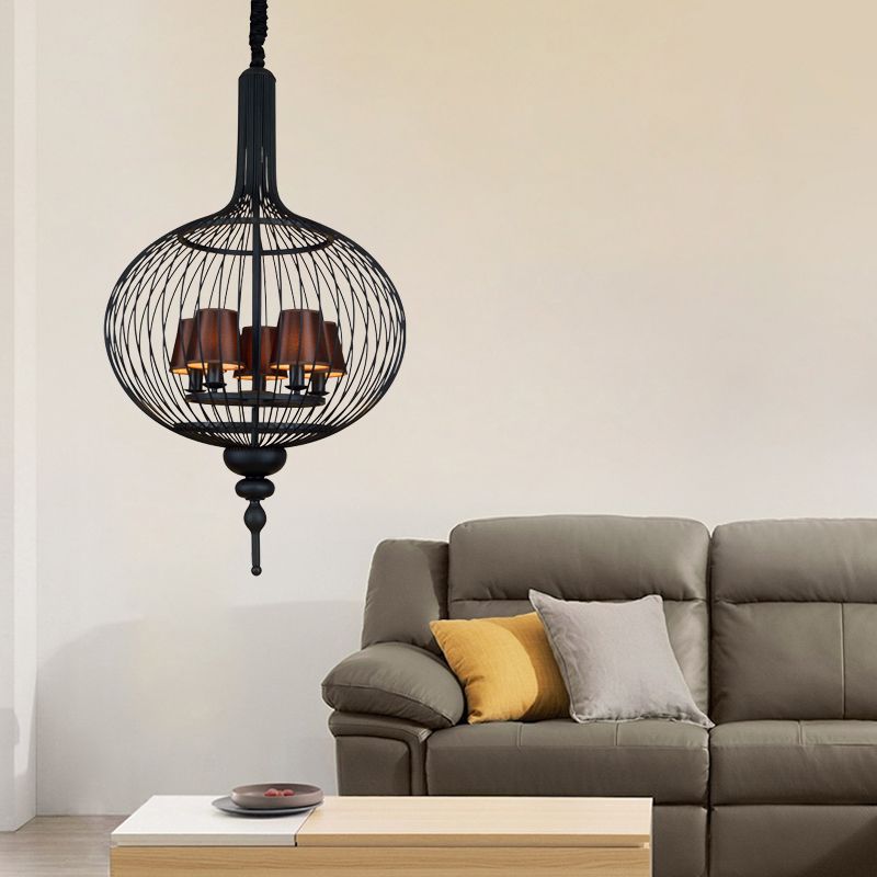 Lantern Iron Chandelier Pendant 23.5"/27.5" W Traditional 5 Head Black Ceiling Lamp with Brown Fabric Tapered Lampshade