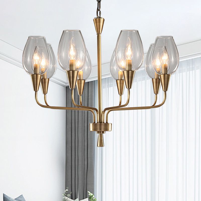 Clear Glass Cup Hanging Lighting Modernism 8-Head Pendant Chandelier in Brass with Curved Arm