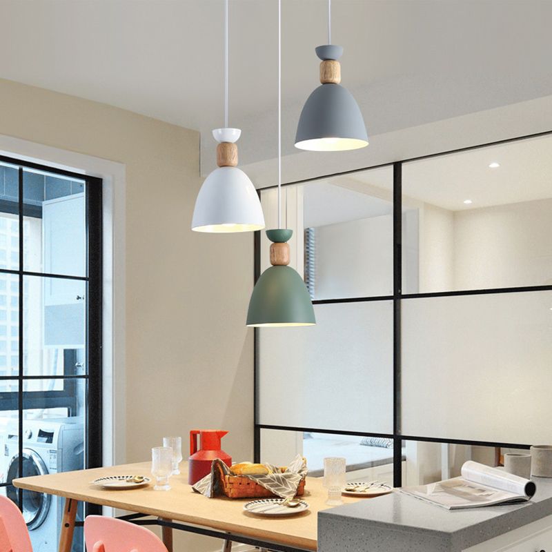 Moderne beknopte macaron hangende lamp houten koepel hanger licht met gelakte ijzeren schaduw