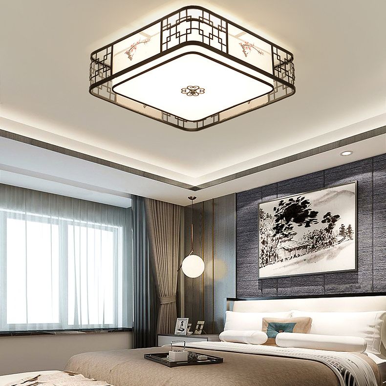 Noir 5-Fixation du plafond de la lumière dans le style traditionnel Concise en fer forgé Geometric Flush Mount with Embroidered Fabrics Shade