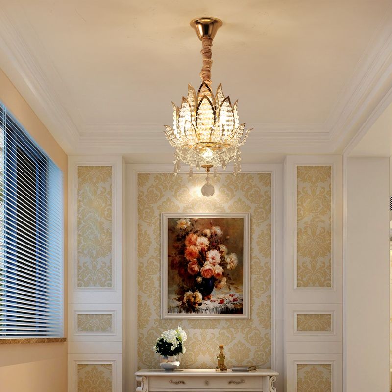 Lotus Corridor Pendant Light Crystal 1 Light Contemporary Hanging Ceiling Light in Gold