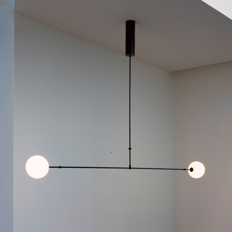 2 Heads Indoor Pendant Light Fixture with Global White Glass Shade Minimalist Black Chandelier Lamp