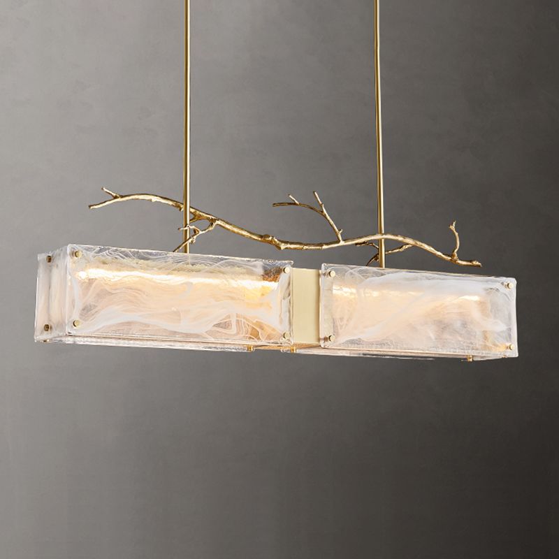 2-Light Island Light Modern Style Rectangular Shape Glass Pendant Lighting in Gold