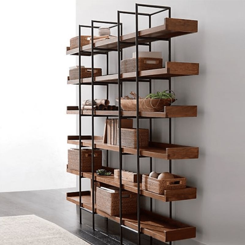 Metal Bookcase Industrial Book Shelf with Wood Rectangular Shelves