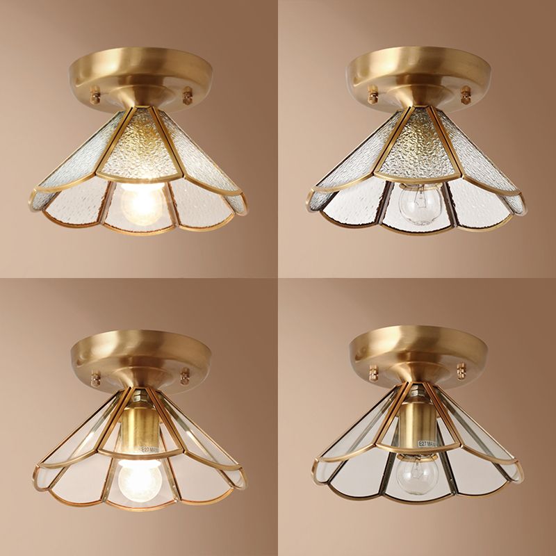 Brass Ceiling Light Fixture Vintage Glass Scalloped Semi Flush Mount Light