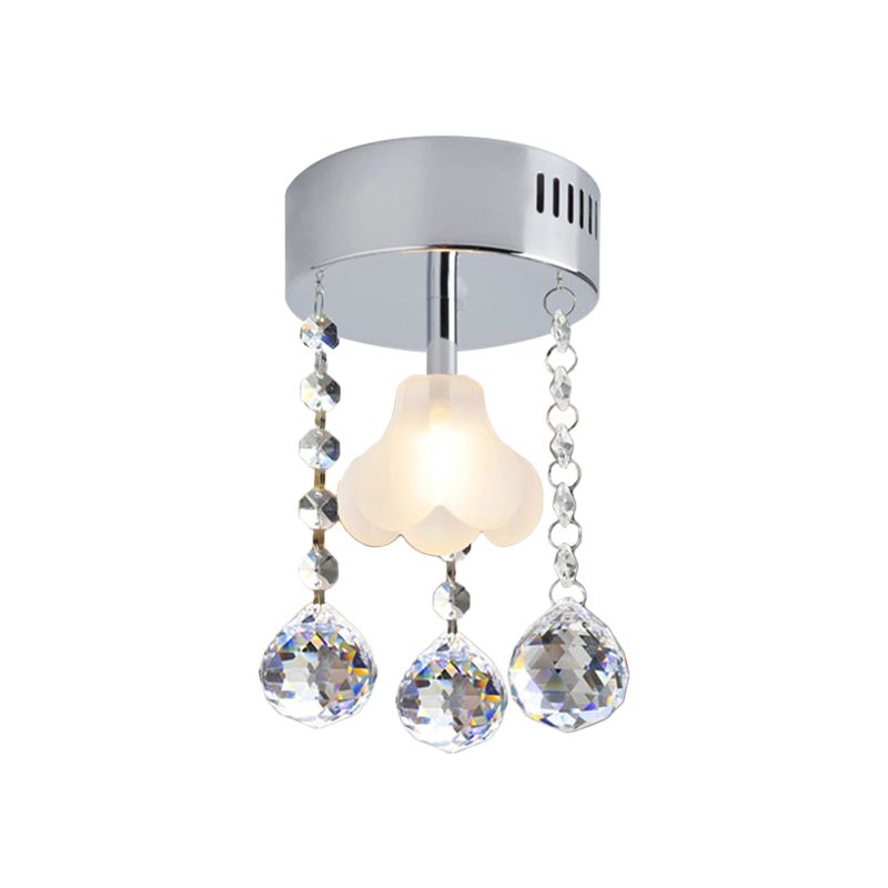 Teardrop Semi Flush einfache klare Kristall 1 Leichter Esszimmer Deckenlampe in Chrom mit Blumenglasschatten