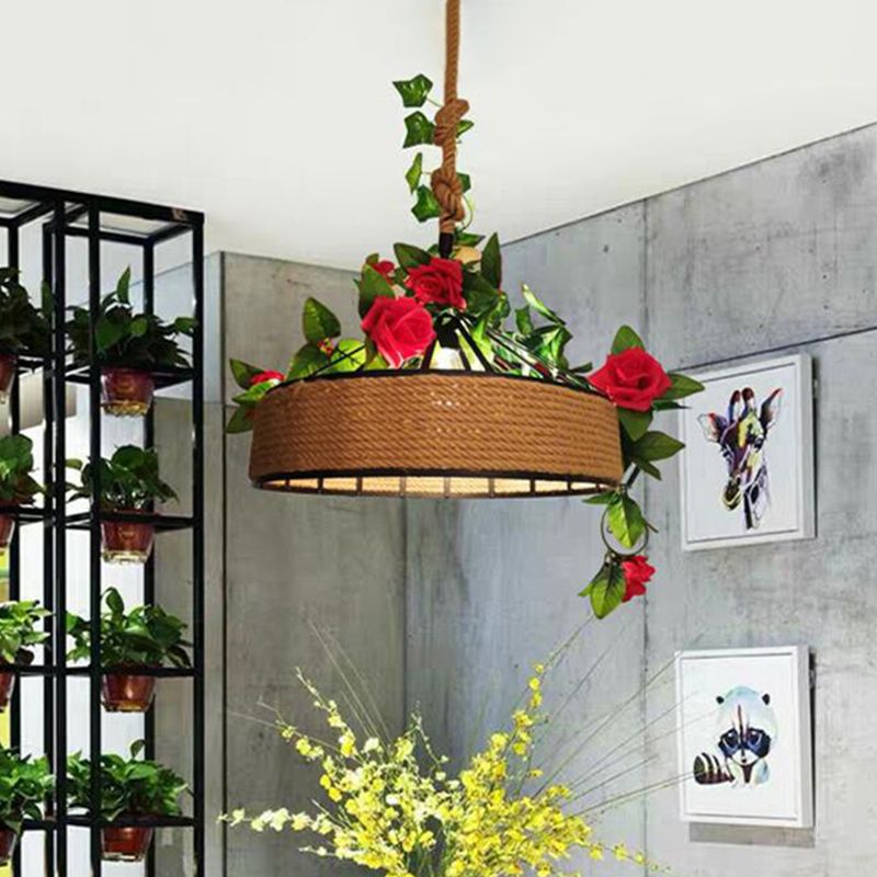Factory Round Cage Drop Pendant 1-Bulb Hennep Rope Bloem Hangende verlichtingsarmatuur in zwart, 12 "/16" /19.5 "breed