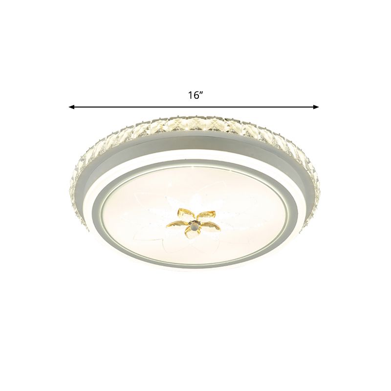 White Finish Round Ceiling Mounted Fixture Simplicity LED Metal Flush Lighting with Flower Crystal Decor