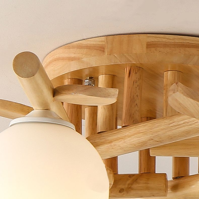 Log Color Indoor Ceiling Fixture in Modern Concise Style Wooden Globe Ceiling Light with Glass Shade