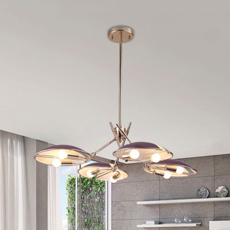 Zeitgenössische flache Kuppel hängende hängende metallische 8 Lichter Wohnzimmer Decke Kronleuchter in Lila