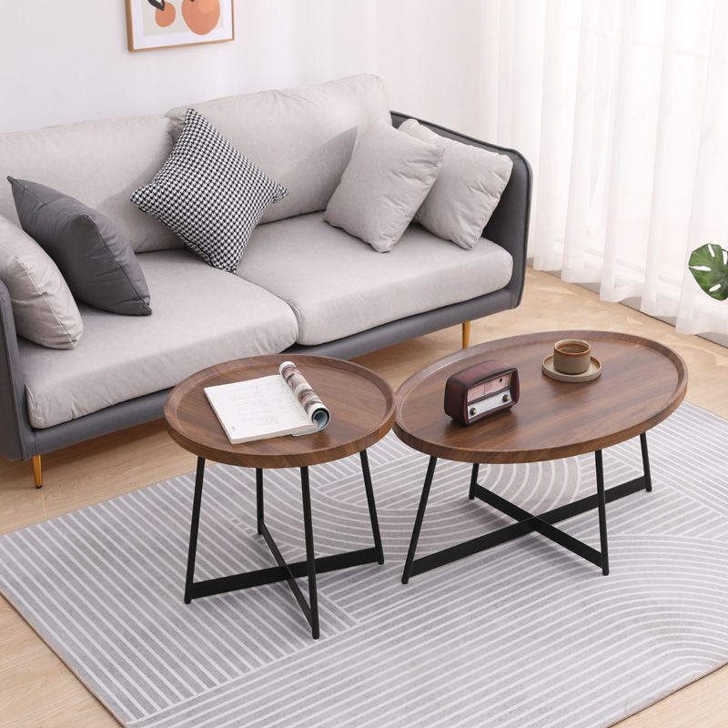Modern Style Black Metal Base Wood-based/walnut Oval/round Table Top Side Table