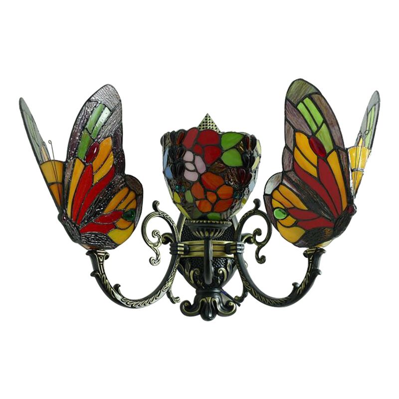 3 Heads Butterfly Wall Sconce Loft Lodge Stained Glass Wall Mount Lighting for Living Room
