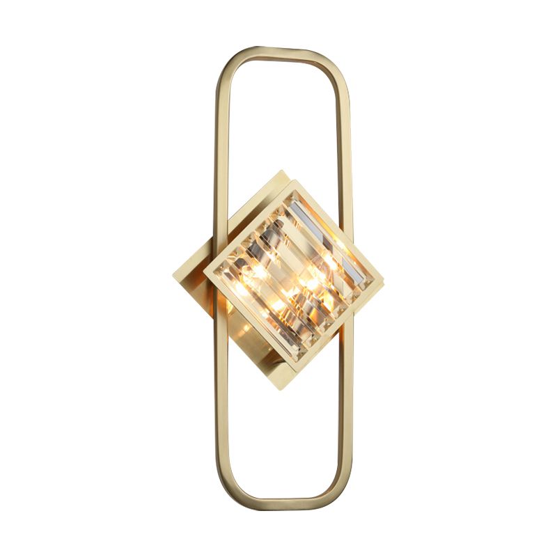 Gold 2 Bulbes Lampe murale moderne Blocs de cristal clair d'éclairage de mur carré avec cadre rectangulaire