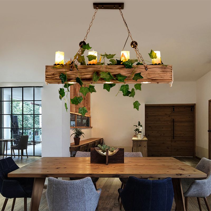 Wooden Linear Island Chandelier Light Farmhouse Style 4 Heads Brown Ceiling Light with Cylinder Shade