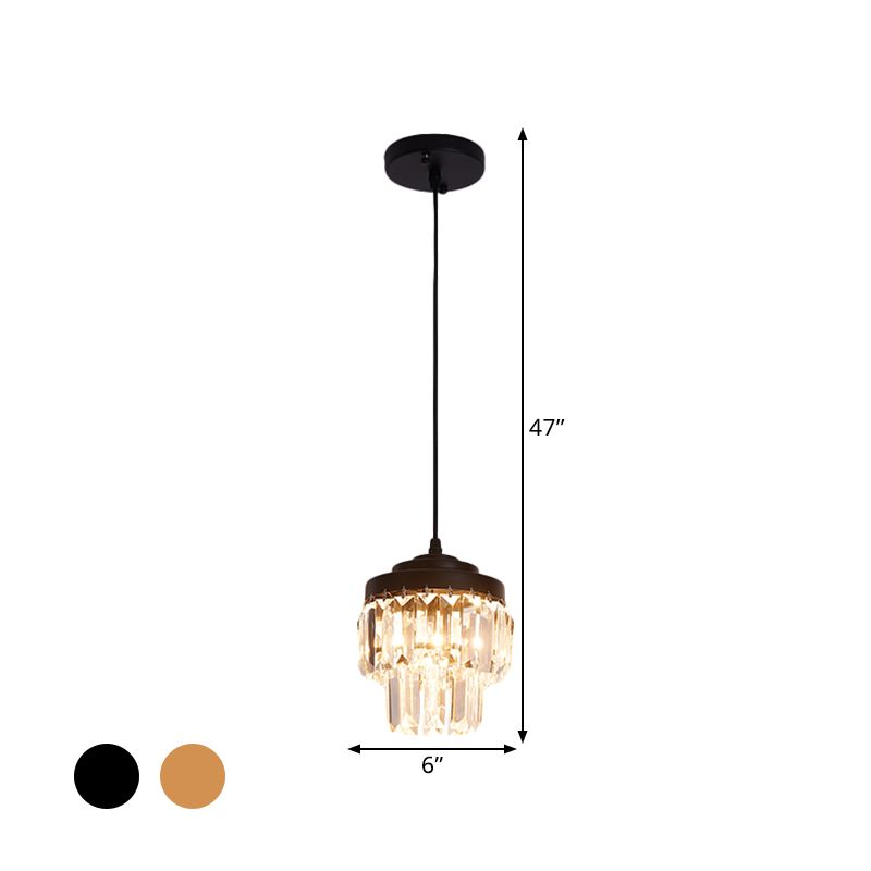 2 Tiers Crystal Pendant Light Modern 1 Bulb Corridor Ceiling Suspension Lamp in Black/Gold