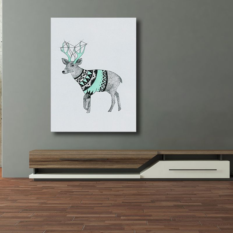 Illustrated Children's Art Canvas Print with Reindeer in Green for House Corridor