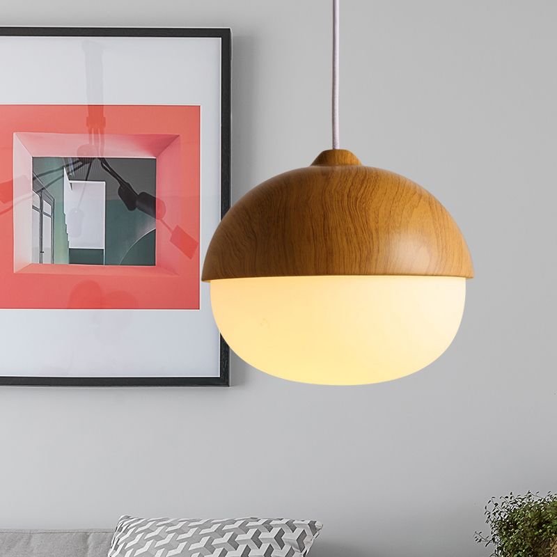 1 Light Nut Shaped Hanging Light Japanese Style Glass & Wood Pendant Light in White for Shop