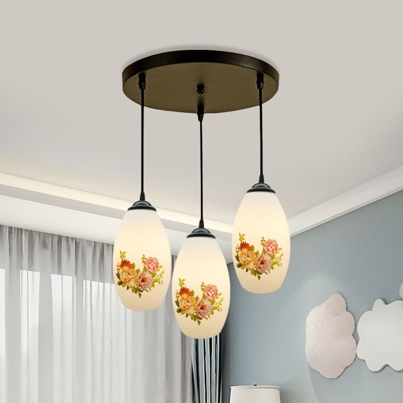 Minimalism Oval Multi Lamp Pendant 3 Heads White Frosted Glass Suspension Light in Black with Linear/Round Canopy