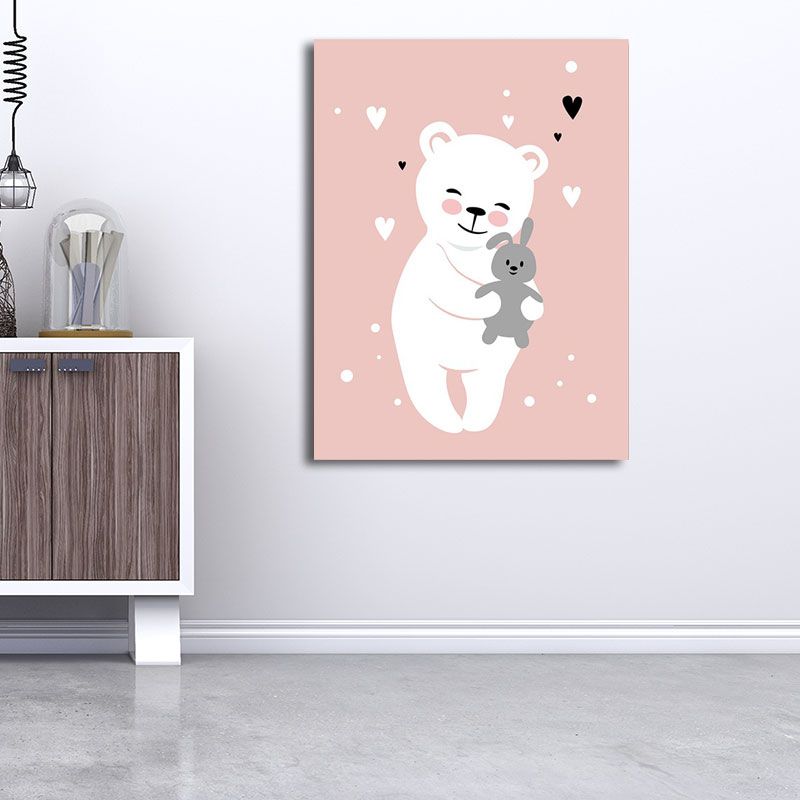 Pink Bear and Rabbit Canvas Animal Cartoon Decorative Wall Art Print for Kids Room