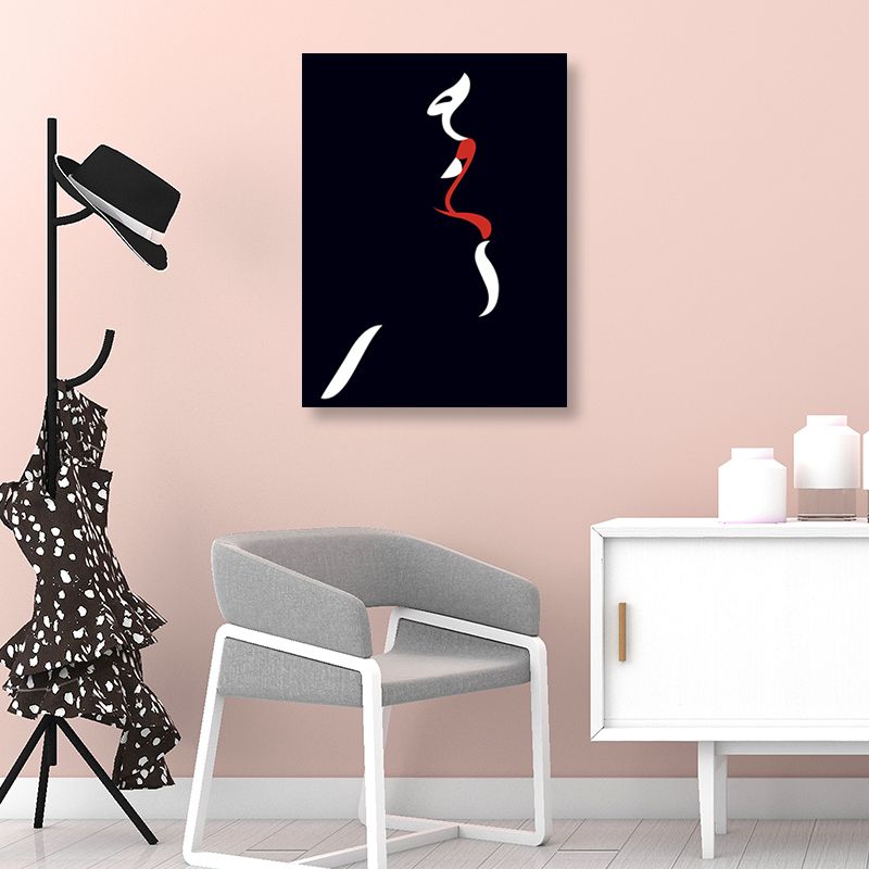 Textured Black Canvas Wall Art Victorian Woman with Red Lipstick Painting for Parlor